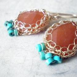 SALE 30% OFF - Crochet Red Aventurine, Turquoise, and 14k gold filled earrings